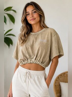 MINAA MONROE That Girl Acid Wash Cinched Crop Tee Boxy Oversized XS Brown